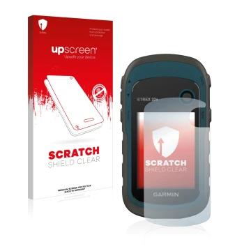 Face avant d’un emballage produit avec le logo de la marque upscreen. À côté, l’appareil Garmin eTrex 22x est représenté avec 