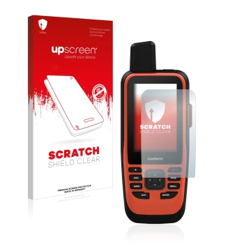 Face avant d’un emballage produit avec le logo de la marque upscreen. À côté, l’appareil Garmin GPSMAP 86i est représenté avec