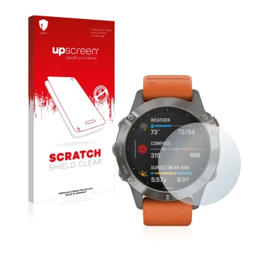 Face avant d’un emballage produit avec le logo de la marque upscreen. À côté, l’appareil Garmin Fenix 6 est représenté avec la