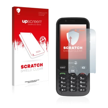 Face avant d’un emballage produit avec le logo de la marque upscreen. À côté, l’appareil Doro 7010 est représenté avec la prot