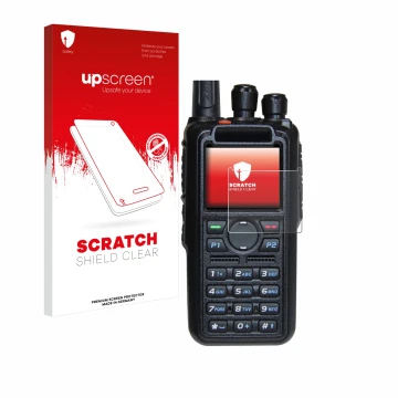 Face avant d’un emballage produit avec le logo de la marque upscreen. À côté, l’appareil AnyTone AT-D878UV Plus est représenté