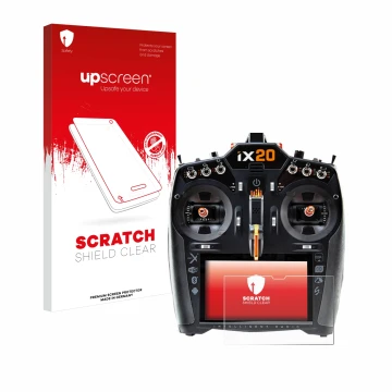 Face avant d’un emballage produit avec le logo de la marque upscreen. À côté, l’appareil Spektrum iX20 est représenté avec la 