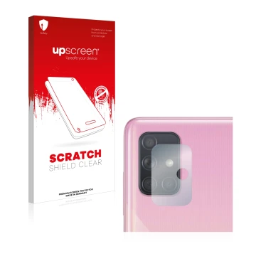 Face avant d’un emballage produit avec le logo de la marque upscreen. À côté, l’appareil Samsung Galaxy A51 (Caméra UNIQUEMENT