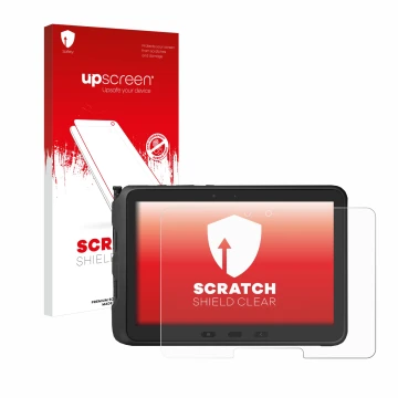 Face avant d’un emballage produit avec le logo de la marque upscreen. À côté, l’appareil Samsung Galaxy Tab Active Pro est rep