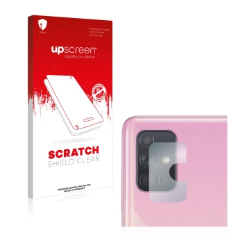 Face avant d’un emballage produit avec le logo de la marque upscreen. À côté, l’appareil Samsung Galaxy A71 (Caméra UNIQUEMENT