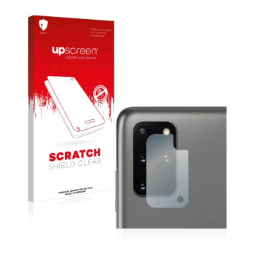 Face avant d’un emballage produit avec le logo de la marque upscreen. À côté, l’appareil Samsung Galaxy S20 Plus (Caméra UNIQU