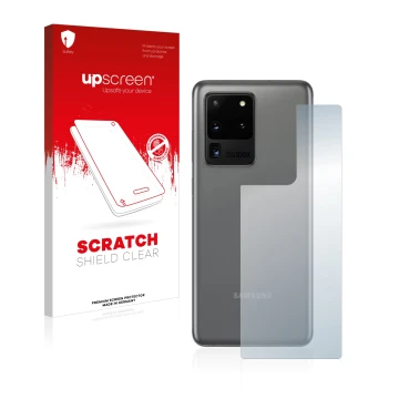 Face avant d’un emballage produit avec le logo de la marque upscreen. À côté, l’appareil Samsung Galaxy S20 Ultra (Arrière) es
