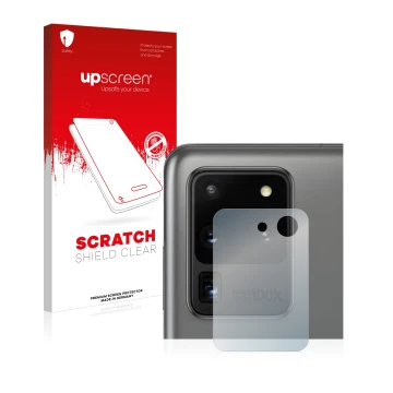 Face avant d’un emballage produit avec le logo de la marque upscreen. À côté, l’appareil Samsung Galaxy S20 Ultra (Caméra UNIQ