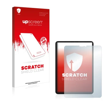 Face avant d’un emballage produit avec le logo de la marque upscreen. À côté, l’appareil Apple iPad Pro 11