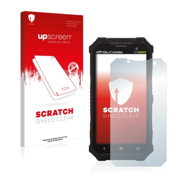 Face avant d’un emballage produit avec le logo de la marque upscreen. À côté, l’appareil SkyCaddie SX500 est représenté avec l