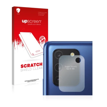 Face avant d’un emballage produit avec le logo de la marque upscreen. À côté, l’appareil Samsung Galaxy S10 Lite (Caméra UNIQU
