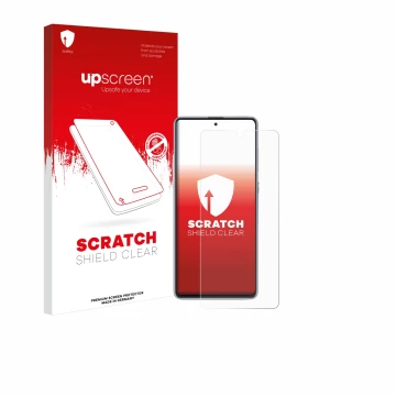 Face avant d’un emballage produit avec le logo de la marque upscreen. À côté, l’appareil Samsung Galaxy Note 10 Lite est repré