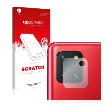 Face avant d’un emballage produit avec le logo de la marque upscreen. À côté, l’appareil Samsung Galaxy Note 10 Lite (Caméra U