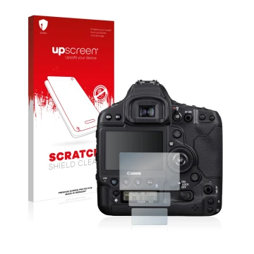 Face avant d’un emballage produit avec le logo de la marque upscreen. À côté, l’appareil Canon EOS 1D X Mark III est représent