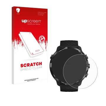 Face avant d’un emballage produit avec le logo de la marque upscreen. À côté, l’appareil Suunto 7 est représenté avec la prote