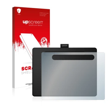 Face avant d’un emballage produit avec le logo de la marque upscreen. À côté, l’appareil Wacom Intuos M est représenté avec la