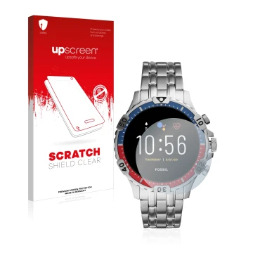 Face avant d’un emballage produit avec le logo de la marque upscreen. À côté, l’appareil Fossil Garrett HR (5. Gen) est représ