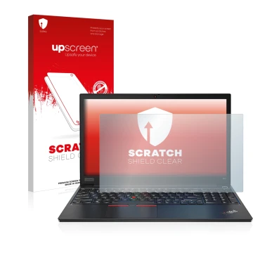 Face avant d’un emballage produit avec le logo de la marque upscreen. À côté, l’appareil Lenovo ThinkPad E14 Gen 2 est représe