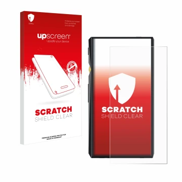 Face avant d’un emballage produit avec le logo de la marque upscreen. À côté, l’appareil FiiO M11 Pro est représenté avec la p