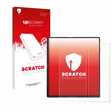 Face avant d’un emballage produit avec le logo de la marque upscreen. À côté, l’appareil Huawei Mate Xs est représenté avec la