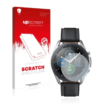 Face avant d’un emballage produit avec le logo de la marque upscreen. À côté, l’appareil Samsung Galaxy Watch 3 (41mm) est rep