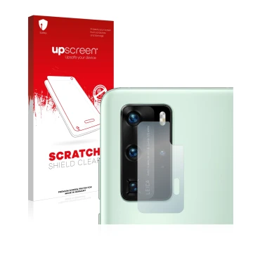 Face avant d’un emballage produit avec le logo de la marque upscreen. À côté, l’appareil Huawei P40 Pro (Caméra UNIQUEMENT) es