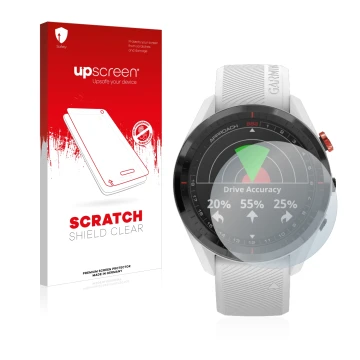 Face avant d’un emballage produit avec le logo de la marque upscreen. À côté, l’appareil Garmin Approach S62 est représenté av