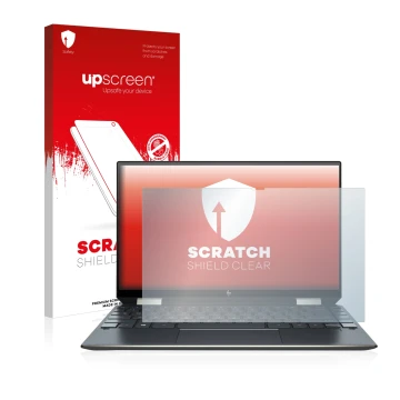 Face avant d’un emballage produit avec le logo de la marque upscreen. À côté, l’appareil HP Spectre x360 13-aw0000ns est repré