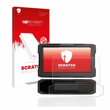 Face avant d’un emballage produit avec le logo de la marque upscreen. À côté, l’appareil Honda CRF1100L 2020 Affichage de la v