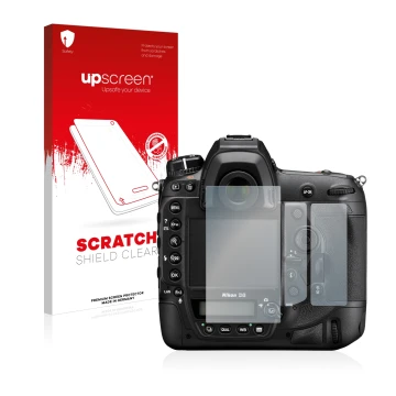 Face avant d’un emballage produit avec le logo de la marque upscreen. À côté, l’appareil Nikon D6 est représenté avec la prote