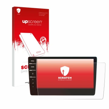 Face avant d’un emballage produit avec le logo de la marque upscreen. À côté, l’appareil Volkswagen Touran 2019 Discover Pro 9