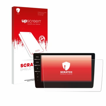 Face avant d’un emballage produit avec le logo de la marque upscreen. À côté, l’appareil Volkswagen Passat 2019 Discover Pro 9