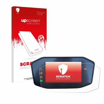 Face avant d’un emballage produit avec le logo de la marque upscreen. À côté, l’appareil KTM 890 Duke R 2020 TFT Screen est re