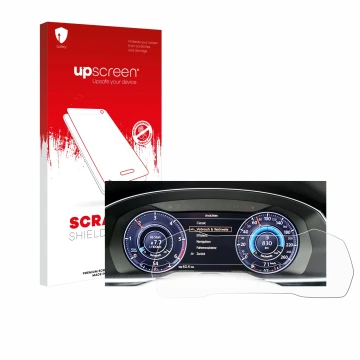 Face avant d’un emballage produit avec le logo de la marque upscreen. À côté, l’appareil Volkswagen Passat Active Info Cockpit