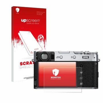 Face avant d’un emballage produit avec le logo de la marque upscreen. À côté, l’appareil Fujifilm X100V est représenté avec la