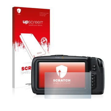 Face avant d’un emballage produit avec le logo de la marque upscreen. À côté, l’appareil Blackmagic Pocket Cinema Camera 6K es