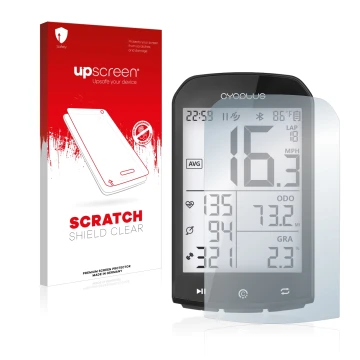 Face avant d’un emballage produit avec le logo de la marque upscreen. À côté, l’appareil Cycplus M1 2.9