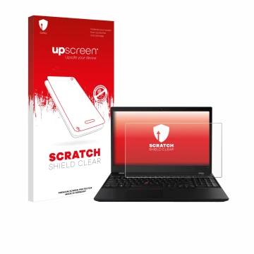 Face avant d’un emballage produit avec le logo de la marque upscreen. À côté, l’appareil Lenovo ThinkPad T590 Non-Touch est re