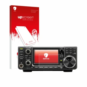 Face avant d’un emballage produit avec le logo de la marque upscreen. À côté, l’appareil Icom IC-9700 est représenté avec la p