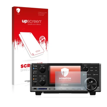 Face avant d’un emballage produit avec le logo de la marque upscreen. À côté, l’appareil Icom IC-R8600 est représenté avec la 