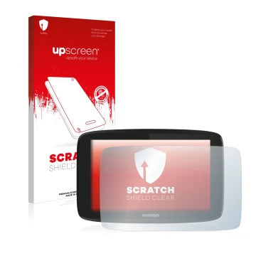 Face avant d’un emballage produit avec le logo de la marque upscreen. À côté, l’appareil TomTom Go Professional 6200 est repré