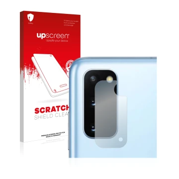 Face avant d’un emballage produit avec le logo de la marque upscreen. À côté, l’appareil Samsung Galaxy S20 5G (Caméra UNIQUEM