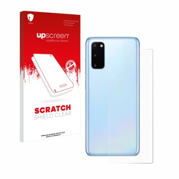 Face avant d’un emballage produit avec le logo de la marque upscreen. À côté, l’appareil Samsung Galaxy S20 5G (Arrière) est r