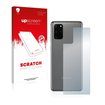 Face avant d’un emballage produit avec le logo de la marque upscreen. À côté, l’appareil Samsung Galaxy S20 Plus 5G (Arrière) 