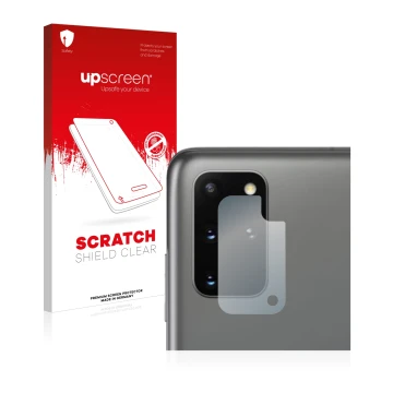 Face avant d’un emballage produit avec le logo de la marque upscreen. À côté, l’appareil Samsung Galaxy S20 Plus 5G (Caméra UN