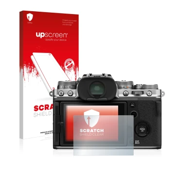 Face avant d’un emballage produit avec le logo de la marque upscreen. À côté, l’appareil Fujifilm X-T4 est représenté avec la 