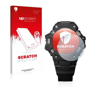 Face avant d’un emballage produit avec le logo de la marque upscreen. À côté, l’appareil Casio G-Shock GBD-H1000 est représent