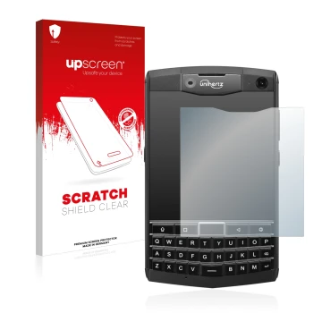 Face avant d’un emballage produit avec le logo de la marque upscreen. À côté, l’appareil Unihertz Titan est représenté avec la