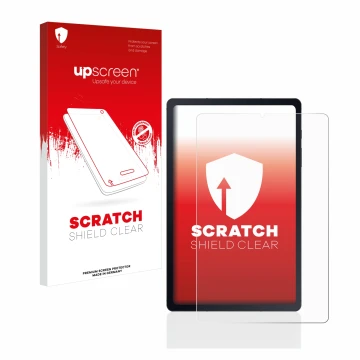 Face avant d’un emballage produit avec le logo de la marque upscreen. À côté, l’appareil Samsung Galaxy Tab S6 Lite LTE 2020 e