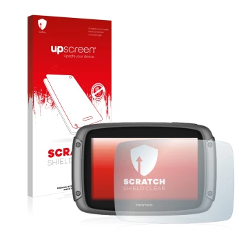 Face avant d’un emballage produit avec le logo de la marque upscreen. À côté, l’appareil TomTom Rider 50 est représenté avec l